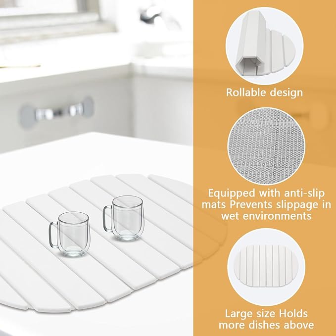 Large Stone Drying Mat, Diatomite Dish Drying Mat, Dish Mat Drying Kitchen Mat - Storable & Anti-Slip for Kitchen, Oval, White, 24"x16"