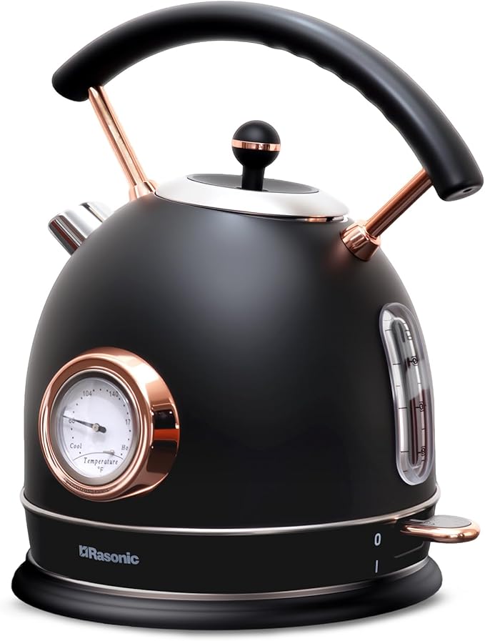 Rasonic Retro Electric Kettle Stainless Steel, 1.8L Tea Water Boiler, 1500W Fast Quiet Boil, Temperature Gauge, Auto Shut-Off, Boil-Dry Protection, Matt Black and Rose Gold