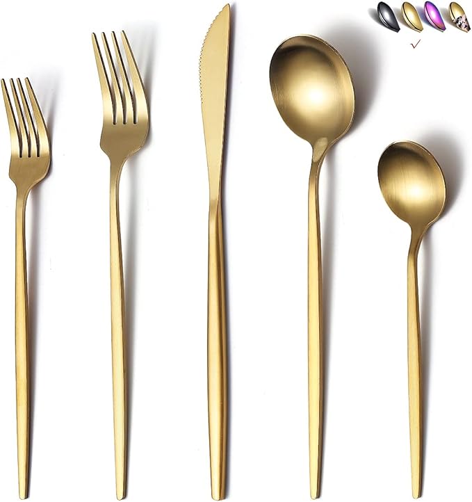 Matte Gold Silverware Set 20 Pieces, Stainless Steel Golden Flatware Set, Titanium Plating Cutlery Set, Matte Gold Utensil Sets, Service Set for 4 (Matte Golden)