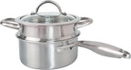 2.5 Quart Stainless Steel Saucepan with Steamer Basket, 18/10 Tri-ply Full Body, Multipurpose Sauce Pot with glass Lid, Perfect For Boiling Gravies, Pasta, Noodles