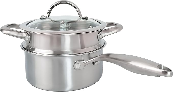 2.5 Quart Stainless Steel Saucepan with Steamer Basket, 18/10 Tri-ply Full Body, Multipurpose Sauce Pot with glass Lid, Perfect For Boiling Gravies, Pasta, Noodles