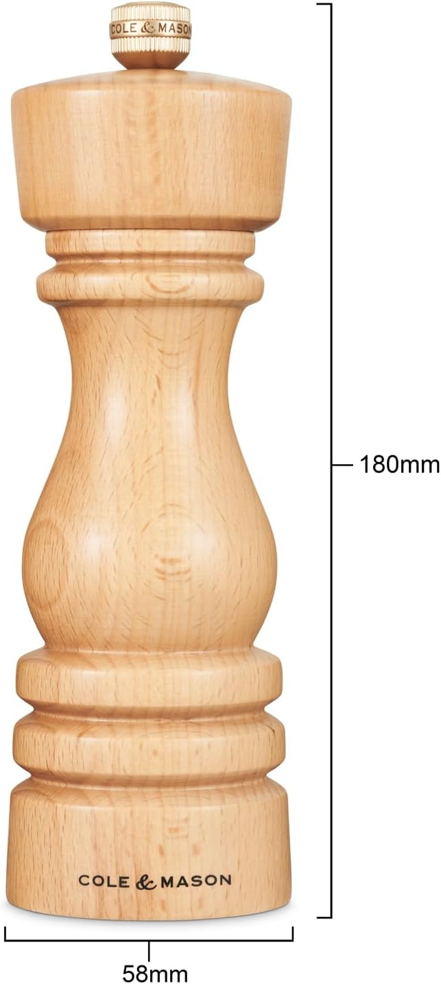 Cole & Mason London Refillable Spice Mill - Kitchen & Home Accessory - Table Black Pepper Grinder - Pepper Mill with Carbon Steel Mechanism - 7", Natural Beech