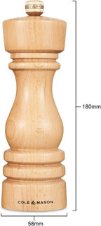 Cole & Mason London Refillable Spice Mill - Kitchen & Home Accessory - Table Black Pepper Grinder - Pepper Mill with Carbon Steel Mechanism - 7", Natural Beech
