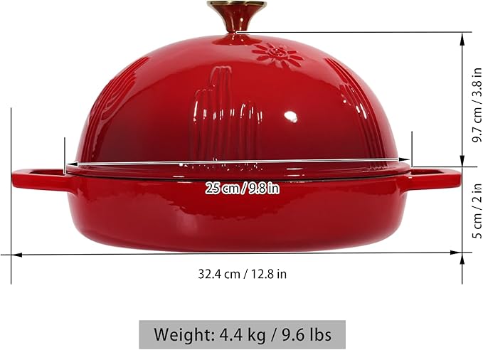 Cast Iron Bread Oven With Cloche Lid for Baking - Red Enameled Dutch Oven With Dome Lid for Sourdough - 5 qt