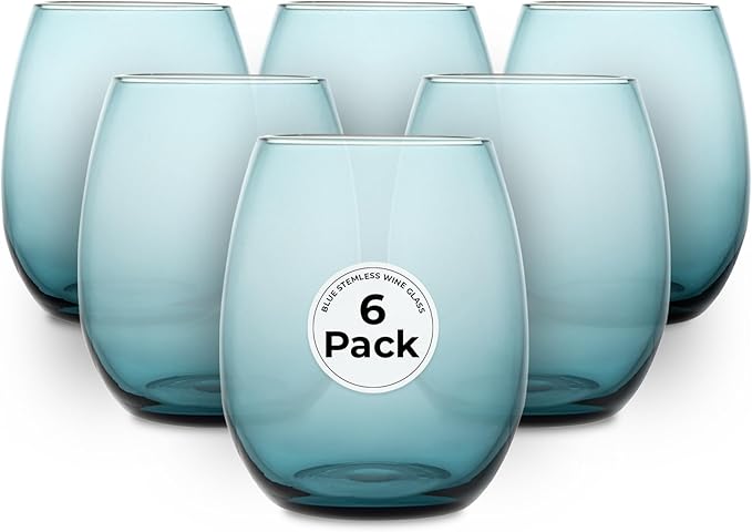 Restaurantware-Vetri 15 Ounce Wine Glasses, 6 Dishwashable Stemless Wine Glasses - No Lead, Durable, Blue Glass Stemware, For Home, Bar, Or Restaurant, Serve Merlot, Chardonnay, Or Bordeaux