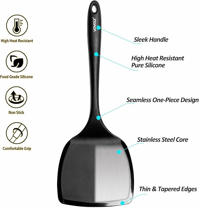 Silicone Pancake Spatula Turner with Lengthened Handle& Seamless Design, Heat Resistant Cooking Spatulas for Nonstick Cookware, Large Flexible Kitchen Utensils, Flipper for Egg, Pancake, Burger, Black