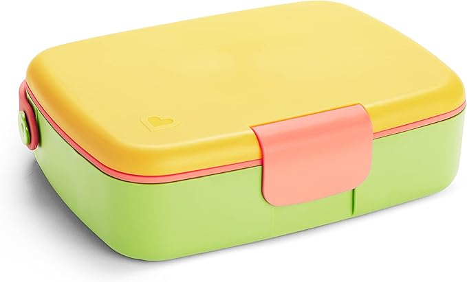 Munchkin Lunch Bento Box for Kids and Toddlers, Includes Stainless Steel Utensils, BPA-Free, 18 Months and Up, Pink/Green/Yellow