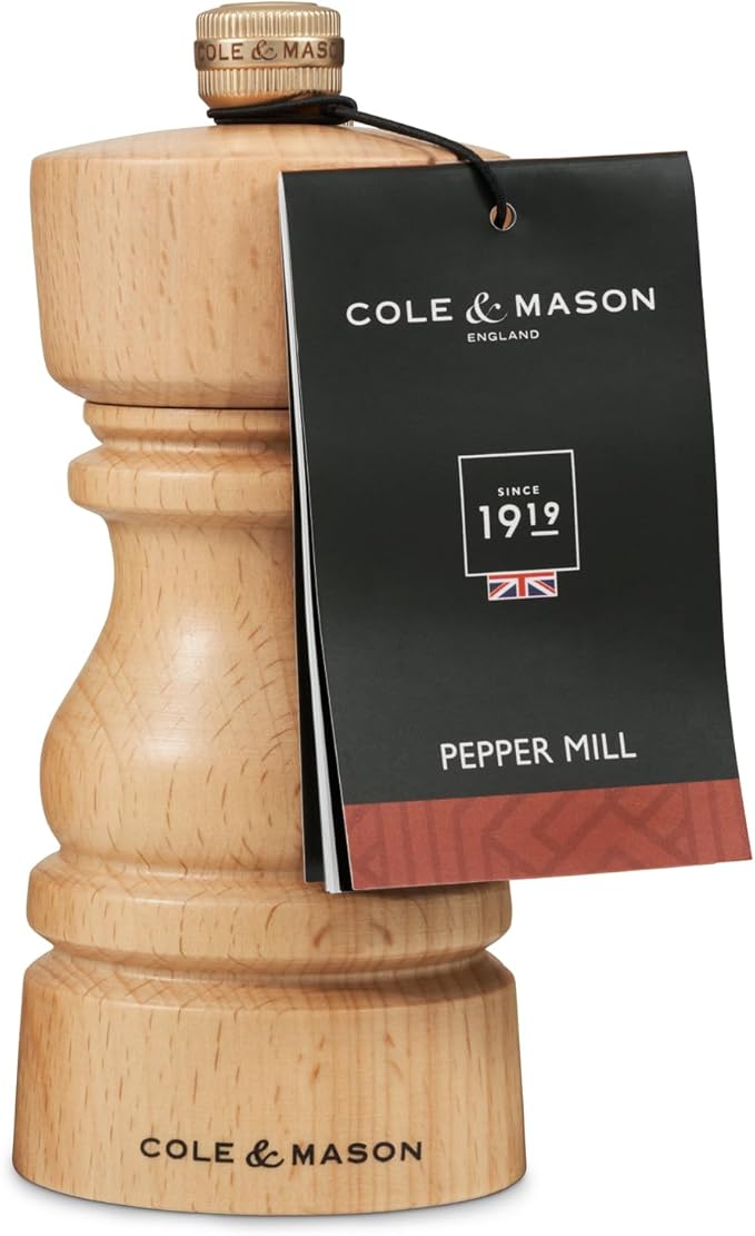 Cole & Mason London Refillable Spice Mill - Kitchen & Home Accessory - Table Black Pepper Grinder - Pepper Mill with Carbon Steel Mechanism - 5", Natural Beech