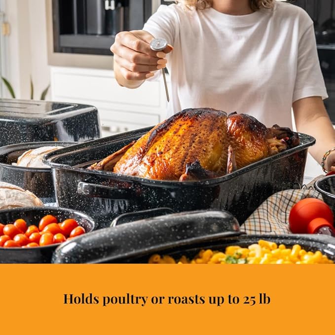 Granite Ware 25 lb Rectangular Roaster Set (10pcs), includes Lid, V-Rack, 2 pack brining bags, oven/grill-safe meat Thermometer, Turkey Baster with sylicon bulb, small brush