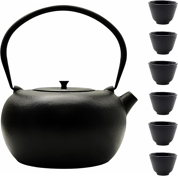 67.6oz Large Cast Iron Teapot and Cups Set, Black Enameled Tea Kettle for Stovetop, Heavy and Durable Tea Pot with Stainless Steel for Loose Tea, Chinese Tea Set for Gift, 2000ML