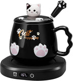 Coffee Mug Warmer & Cute Cat Mug Set, Beverage Cup Warmer for Desk Home Office with 4 Temperature Setting Up to 167℉/ 75℃, Coffee Warmer for Cocoa Milk Tea Water Candle, 8 Hours Auto Shut Off (Black)