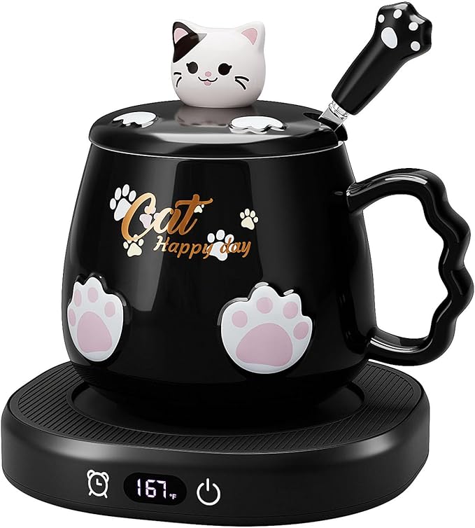 Coffee Mug Warmer & Cute Cat Mug Set, Beverage Cup Warmer for Desk Home Office with 4 Temperature Setting Up to 167℉/ 75℃, Coffee Warmer for Cocoa Milk Tea Water Candle, 8 Hours Auto Shut Off (Black)