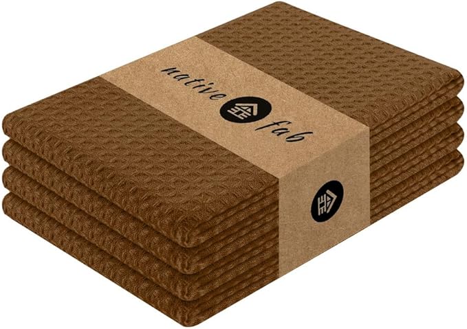 Native Fab Cotton Dish Towel 4 Pack Waffle Weave Tea Towels for Cleaning Drying, 16x26 inches, Soft & Absorbent Washcloths, Kitchen Towel with Hanging Loop, Dish Cloth Set, Brown