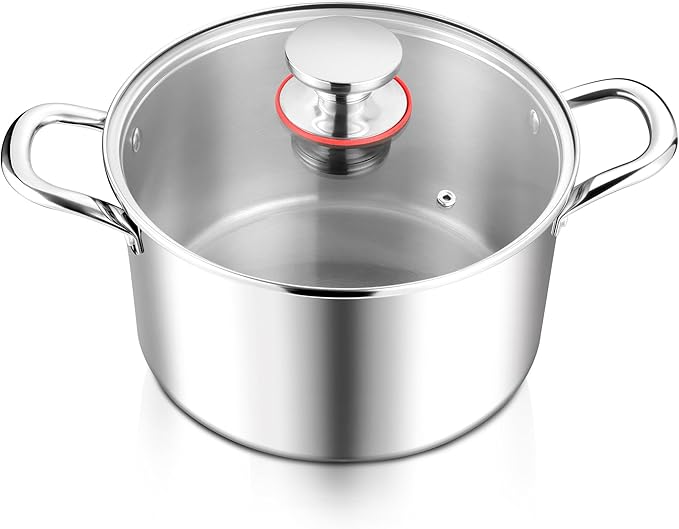 E-far 6 Quart Stock Pot, Tri-Ply Stainless Steel Cooking Pot with Glass Lid and Riveted Handles, Metal Pasta Soup Pot for Induction Ceramic Electric Gas Stoves, Heavy Duty & Dishwasher Safe