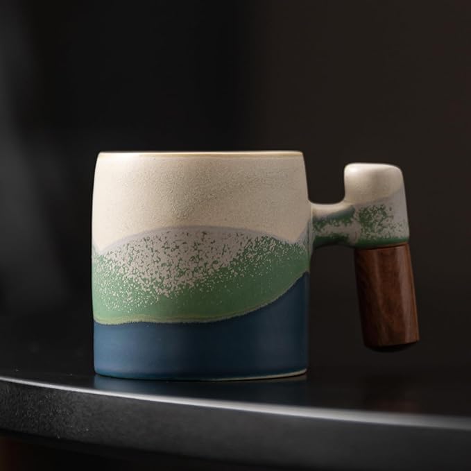2-Oz Ceramic Espresso Cups with Wood Handle, 2/4-Piece Set for Coffee, Tea, Latte - Dishwasher Safe, Multi-Color & Wood Styles, Gift & Café Use (Kiln turning blue, Wooden Handle4)