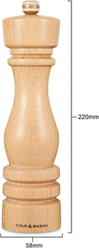 Cole & Mason London Refillable Spice Mill - Kitchen & Home Accessory - Table Salt Grinder - Salt Mill with Ceramic Mechanism - 8", Natural Beech