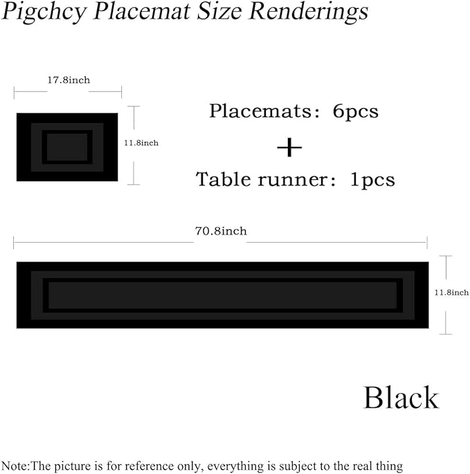 PIGCHCY Placemats with Matching Table Runner,Heat Resistant Vinyl Woven Washable Table mats Sets (6 Placemats+1 Table Runner, Pure Black)