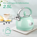 Tea Kettles Stovetop, 2.64 Quart Induction Whistling Tea Kettles Food Grade Stainless Steel Teapots with Cool Touch Handle Mint Green