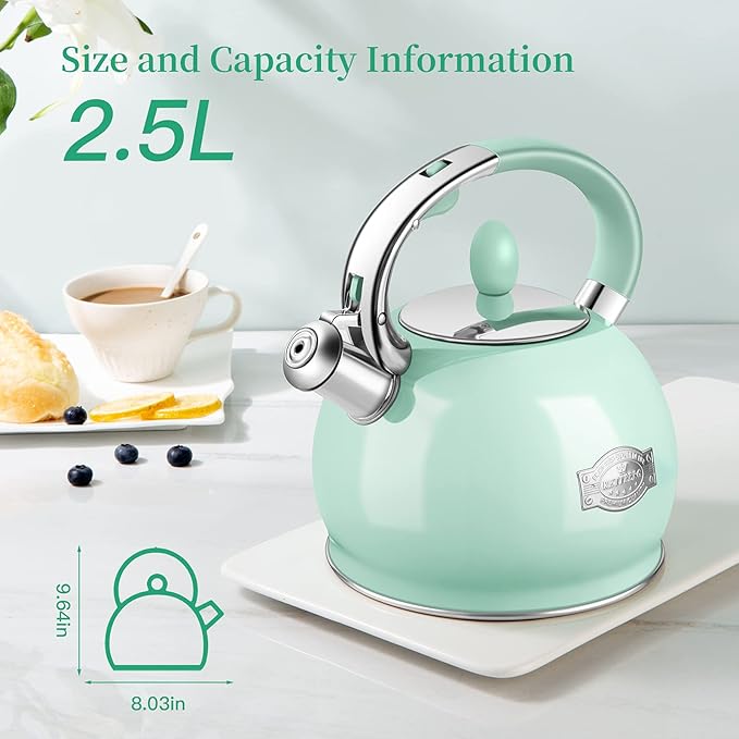 Tea Kettles Stovetop, 2.64 Quart Induction Whistling Tea Kettles Food Grade Stainless Steel Teapots with Cool Touch Handle Mint Green