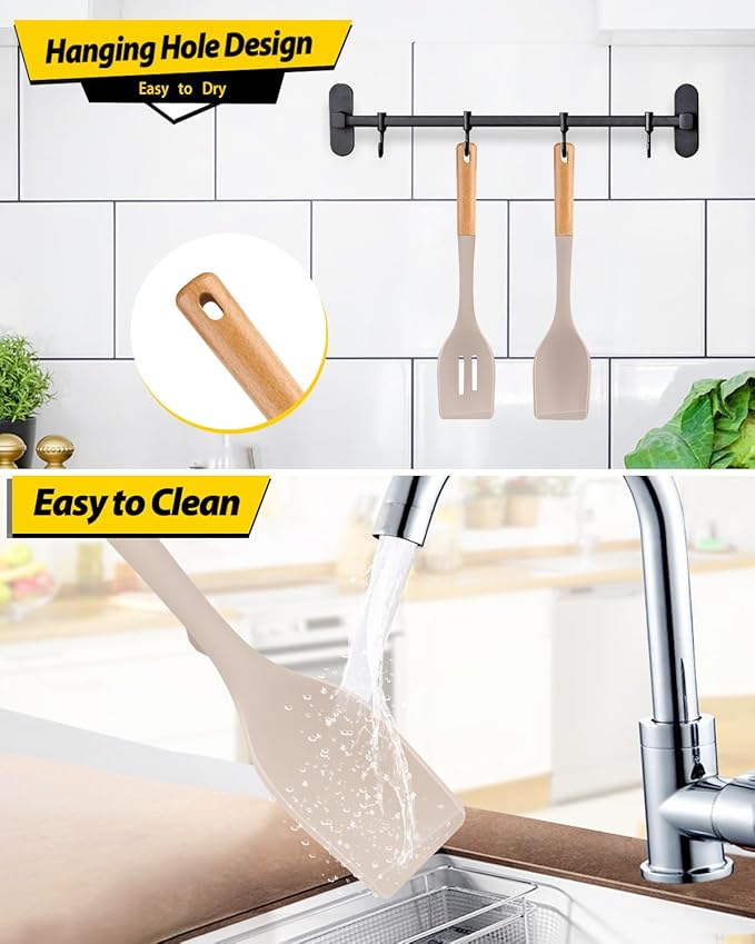 Pack of 2 Large Silicone Cooking Spoons, Heat Resistant Non Stick Kitchen Utensils with Wooden Handle, Ideal for Mixing, Stirring, Serving, Cooking(KHAKI)