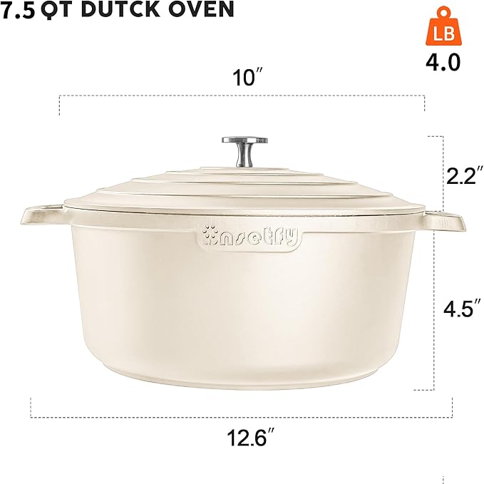 Large Dutch Oven Pot with Lid-7.5QT Cast Aluminum Oven Pot with Two Handles Lightweight for Bread Baking Braising and Roasting(Beige)