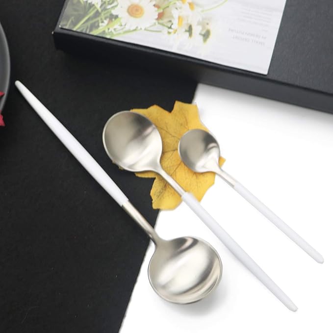 JASHII 18/10 White Handle Flatware Silver Silverware Set 304 Stainless Steel Flatware Cutlery Set| 6-Piece Adaline Royal Modern Satin Finish| BEST Birthday Wedding Gift (White Handle Matte Silver)