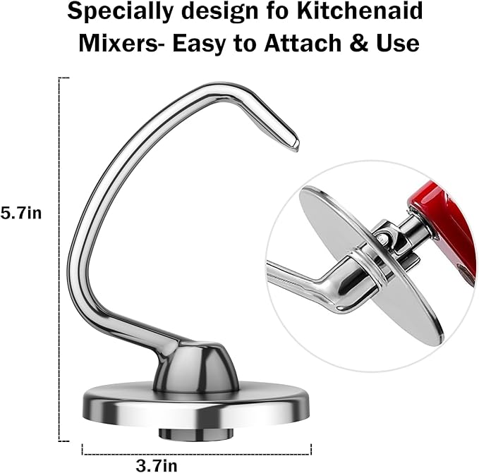 Food-Grade Stainless Steel Dough Hook for Kitchenaid Stand Mixer, Fits 4.5-5Qt Tilt-Head Stand Mixer attachments for kitchenaid mixer, Dough Hook for Kitchenaid Mixer Attachments, Dishwasher Safe