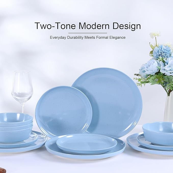 Webbylee 12-Piece Melamine Dinnerware Set - Unbreakable Plates & Bowls Set for 4, BPA-Free Lightweight Kitchen Dishes Idear for Camping, Picnic, Party,Blue & Beige