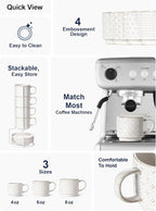 LE TAUCI Stackable Espresso Cups 4 oz with Saucers and Stand, Ceramic Embossment Coffee Cup for Double shot, Lungo, Ristretto, Dishwasher Oven Safe - Set of 4, Arctic white