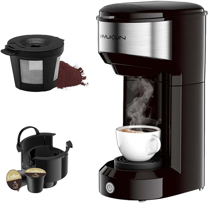Mini Single Serve Coffee Maker - K Cup & Ground Coffee Compatible - 90 Second Brew - Portable Machine for Home, Office, RV - 14oz Reservoir