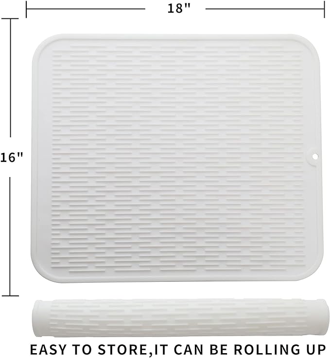 Silicone Dish Drying Mat for Multiple Usage,Easy clean,Eco-friendly,Heat-resistant Silicone Mat for Kitchen Counter or Sink,Refrigerator or Drawer Liner White XL 18 inches x 16 inches