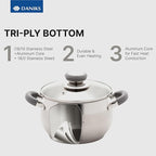 Daniks Modern 2 Quart Stainless Steel Stock Pot with Glass Lid, Tri-Ply Bottom for Even Heating, Induction Compatible, Dishwasher Safe, Heatproof Handles