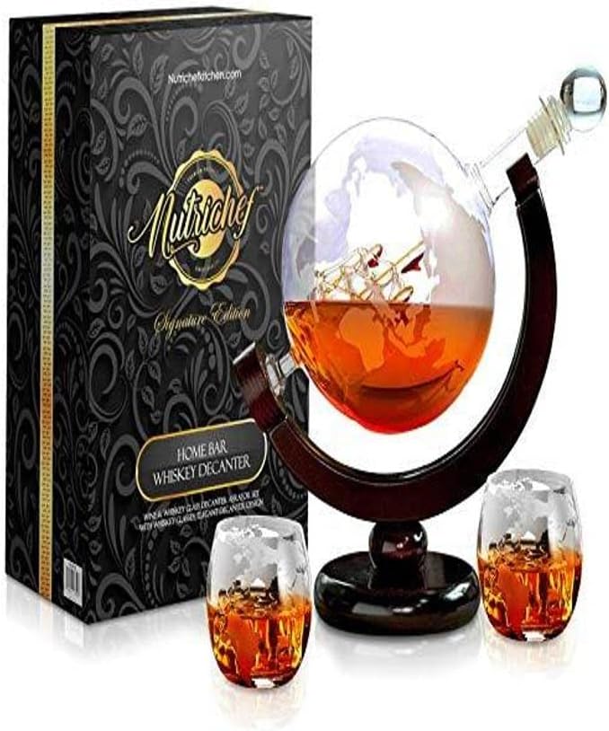 NutriChef Glass Whiskey Decanter - 850ml Globe Whiskey Carafe Alcohol Decanter Set with Glasses , Liquor Decanter w/ Stopper & Base, For Brandy Wine Cognac Rum Gin Scotch Bourbon