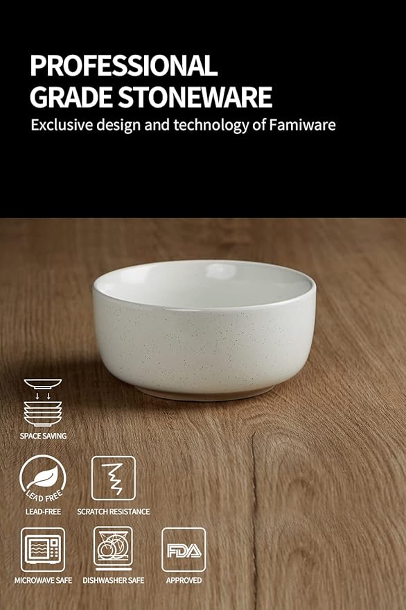 famiware Milkyway Cereal Bowl, Soup Bowls for 6, 25 Ounce Bowls Set for Kitchen, Bowl Set for Cereal Soup Rice Pasta Salad Oatmeal, White