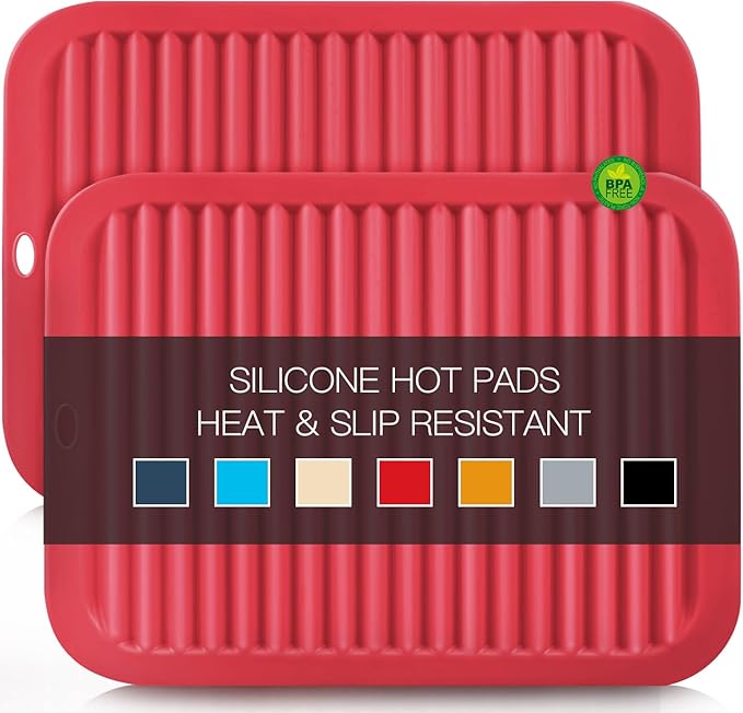 2 Pack Silicone Trivets - Heat Resistant Non-Slip Flexible Pot Holders for Hot Dishes & Pans - Red Silicone Trivet Mat Dish Drying Mat Spoon Rest, 9x12 in