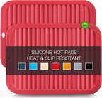 2 Pack Silicone Trivets - Heat Resistant Non-Slip Flexible Pot Holders for Hot Dishes & Pans - Red Silicone Trivet Mat Dish Drying Mat Spoon Rest, 9x12 in
