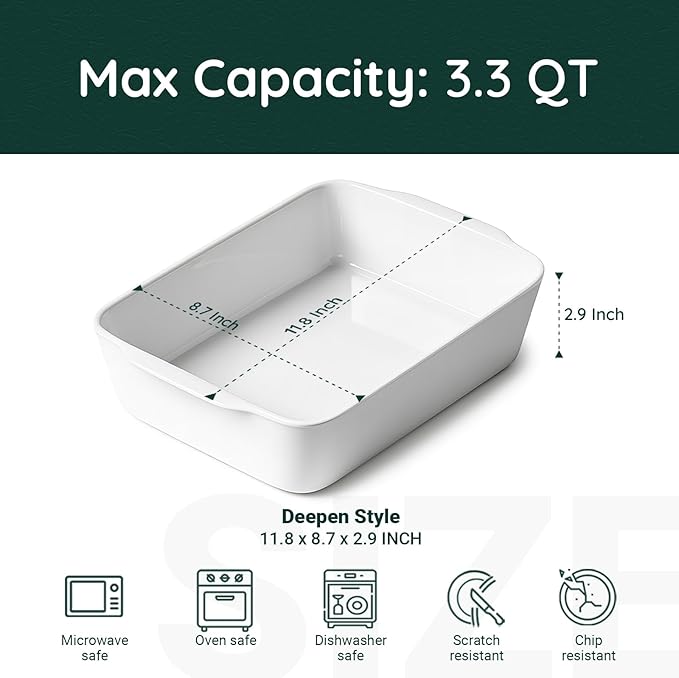 3.3 QT Ceramic Baking Dish, White Casserole Dish,Lasagna Pan for Oven, Bakeware for Baking, Kitchen Decor, Microwave Oven Safe, Dinner Party (8.7" x 11.8")