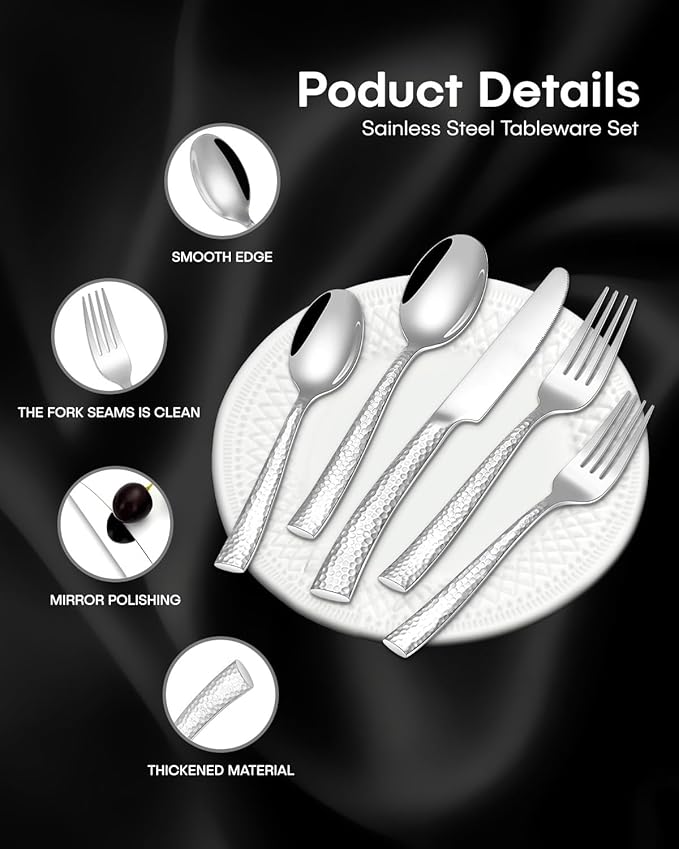 EUIRIO 48-Piece Hammered Silverware Set with Steak Knives, Stainless Steel Flatware Set for 8, Mirror Finish Cutlery Set for Home Hotel, Include Forks Spoons and Knives, Dishwasher Safe
