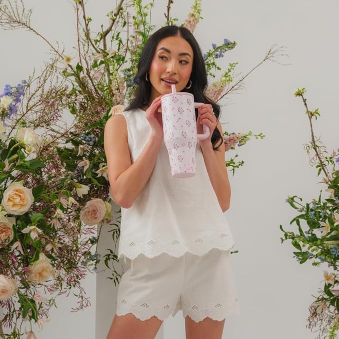 HydroJug Traveler - 40 oz Water Bottle with Handle & Flip Straw - Fits in Cup Holder, Leak Resistant Tumbler-Reusable Insulated Stainless Steel & Rubber Base - Gifts for Women & Men, Wildrose