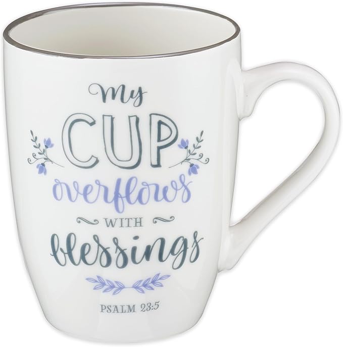 Christian Art Gifts Microwave & Dishwasher Safe Inspirational Scripture Mug for Women: Cup Overflows with Blessings Encouraging Bible Verse Psalm Novelty Drinkware, White & Leafy Purple Floral, 12 oz.