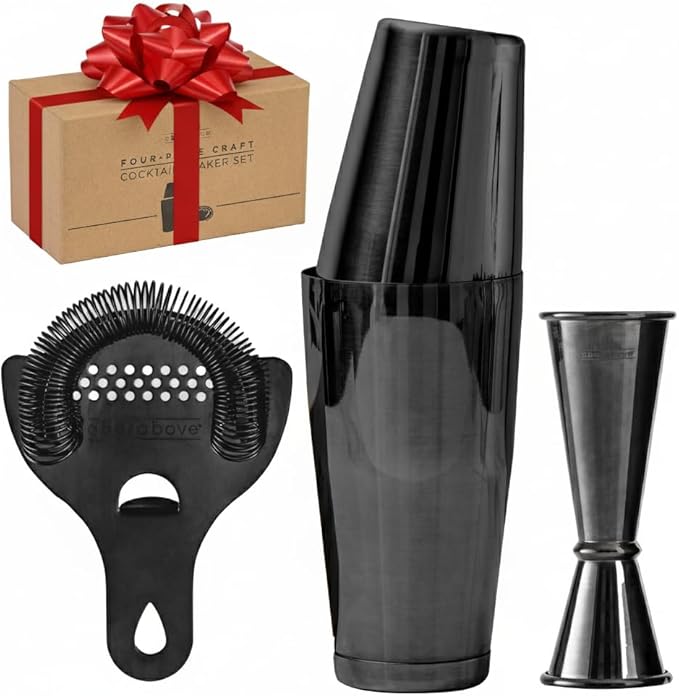 A Bar Above Cocktail Shaker Set, 4-Piece Professional Bartender Kit with Boston Shaker, Strainer, Jigger, and Bar Spoon, Stainless Steel Bar Accessories for Craft Cocktails, Black