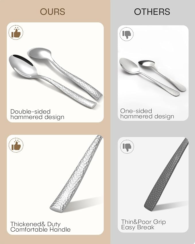 Hammered Silverware Set, Ollex 60-Piece Heavy Flatware Set for 12 Mirror Finished with Food-Grade Stainless Steel Spoons Forks Knives Dinning Utensils for Home Restaurant Cutlery Set, Dishwasher safe