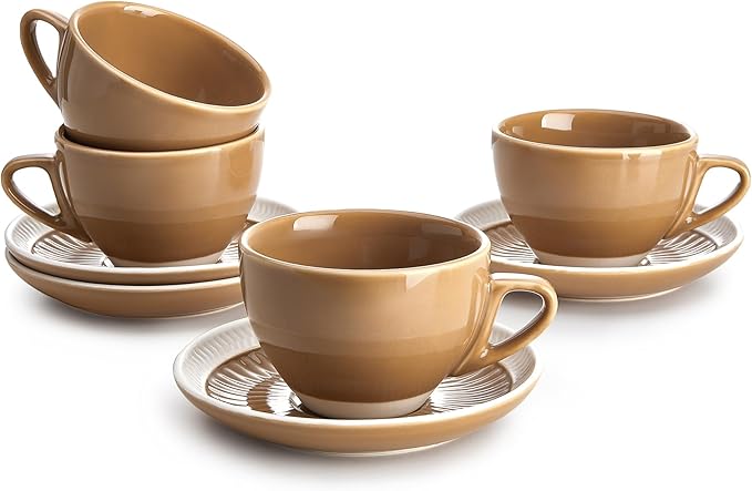 Sweese 6 Ounce Cappuccino Cups with Saucers, Porcelain Double Espresso Cups Set of 4 - Yellow