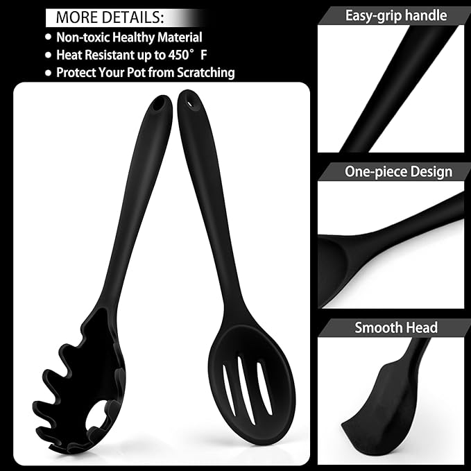 P&P CHEF Silicone Cooking Utensils Set of 7, Heat-proof Kitchen Utensils Set for Nonstick Cookware, Non-stick Spatula, Slotted Turner, Soup Ladle, Pasta Server, Spoon for Cooking Serving - Black