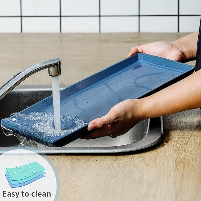 KOOV Ceramic Serving Tray, 14 Inches Large Serving Platter, Rectangular Serving Tray, Porcelain Serving Plates, Ceramic Serving Dishes for Dinner, Party, Sushi, Dessert, Food, Set of 4 (Stone Blue)