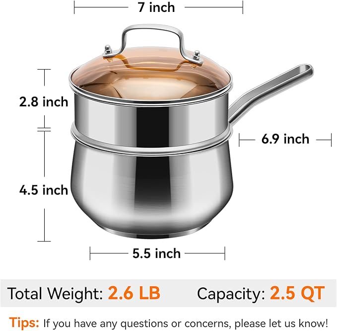 WANGYUANJI 2.5-Quart Stainless Steel Saucepan with Steamer Basket, 2-in-1 Pot & Steamer, Tri-Ply Base, Tempered Glass Lid, Induction Compatible