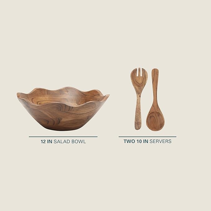 Gibson Home Sandhurst 3-Piece Acacia Wood Salad Bowl Set – 12-Inch Scalloped Serving Bowl with Wooden Salad Servers – Natural Rustic Finish for Dining, Entertaining, or Gifting