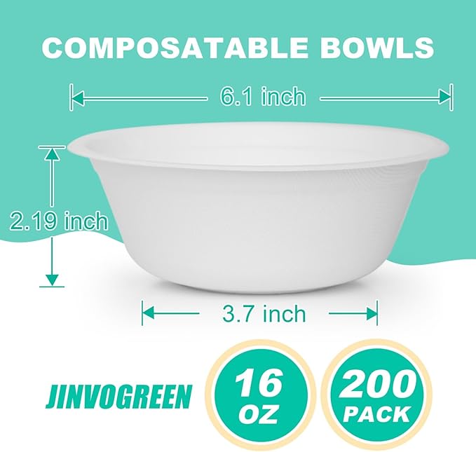 200 Count 16 oz Paper Bowls, Disposable Compostable Bowls, Heavy Duty Biodegradable Sugarcane Bagasse Bowl for Breakfast, Salad, Snacks, Fruits, Desserts, White