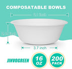 200 Count 16 oz Paper Bowls, Disposable Compostable Bowls, Heavy Duty Biodegradable Sugarcane Bagasse Bowl for Breakfast, Salad, Snacks, Fruits, Desserts, White