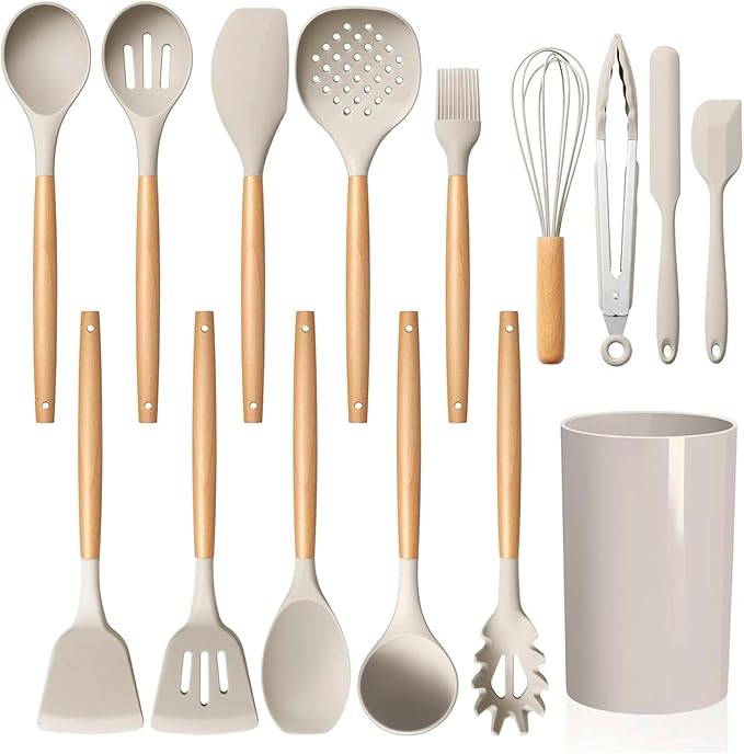 LIANYU 15-Piece Kitchen Cooking Utensils Set with Holder, Silicone Cooking Utensils Include Spatula Tong Slotted Spoon Turner Whisk Brush, Wooden Handle Kitchen Tools for Nonstick Cookware, Khaki